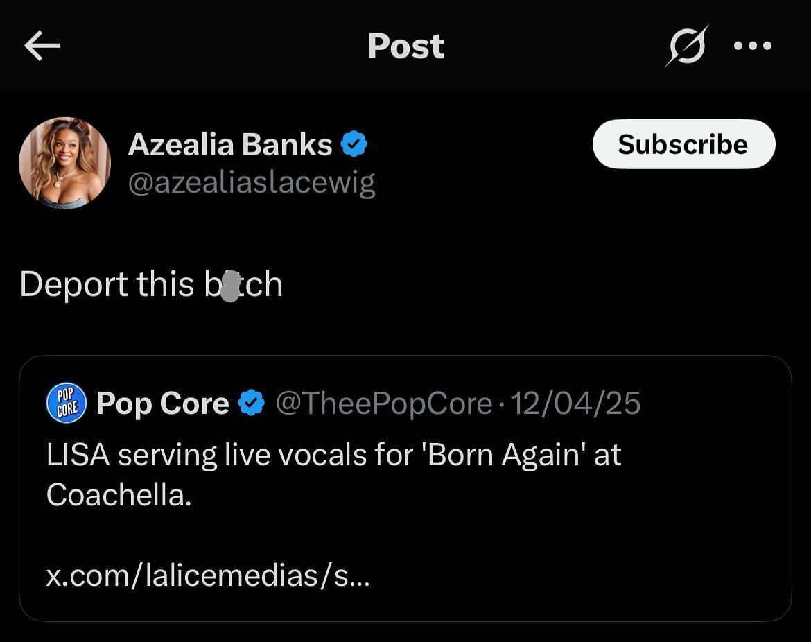 Azealia Banks' comment on Lisa (Image via X/@azealiaslacewig)